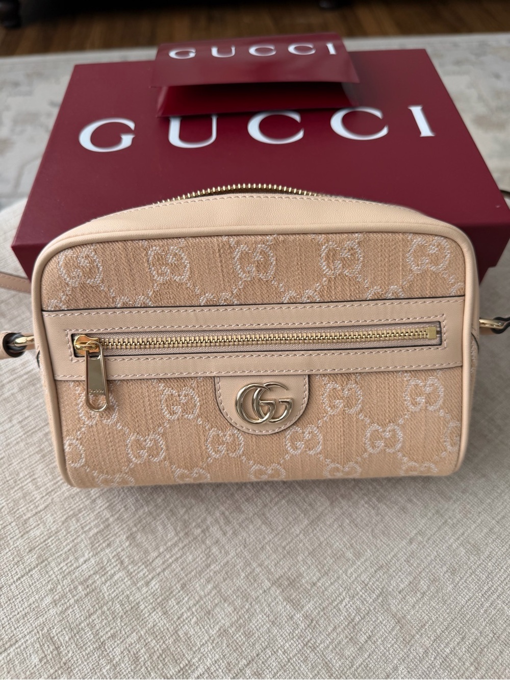 Gucci Denim Supreme Super Mini Ophidia Shoulder Bag Light Beige